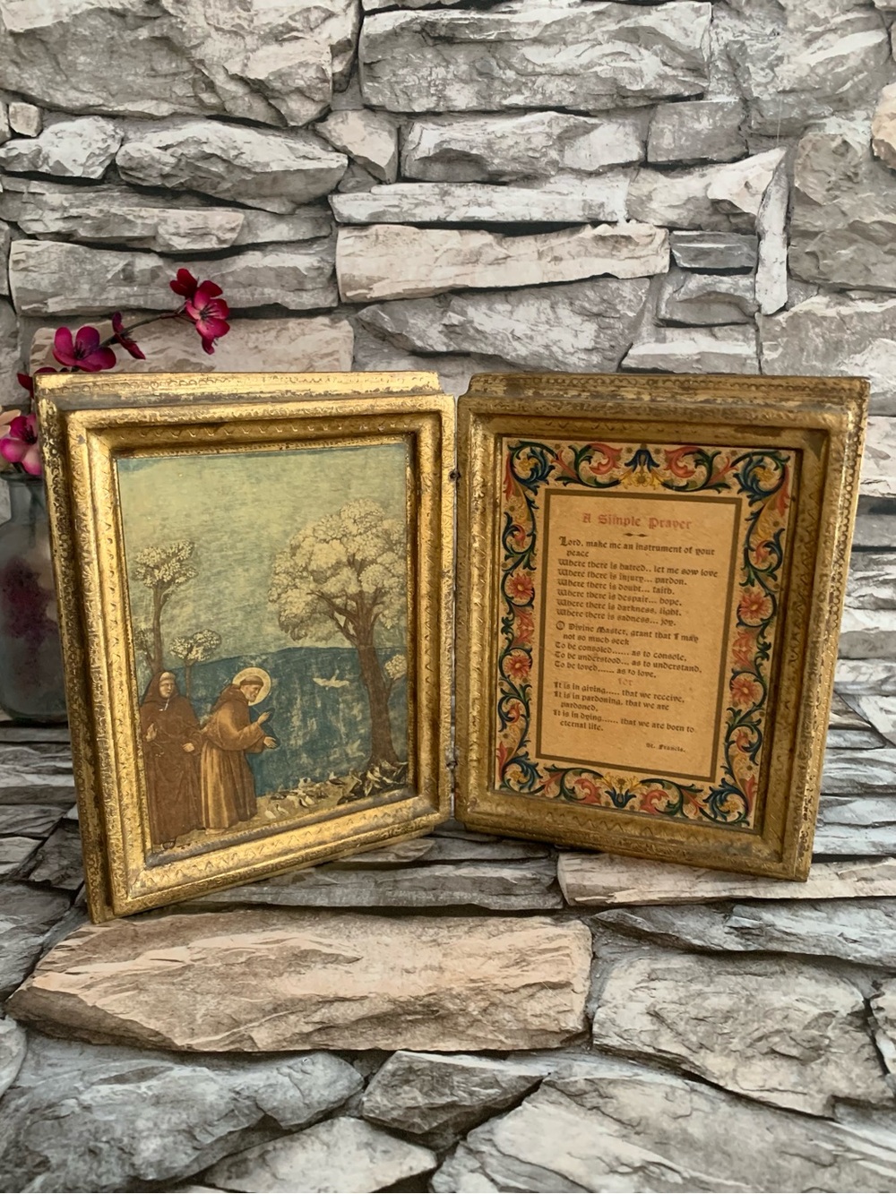 Vintage Italian Florentine Diptych St Francis Simple Prayer Gilt Wood Icon Italy